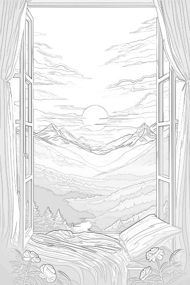 Find and Download any topic for coloring such as flower, floral, mandala, animals, fantasy, holidays, words and much more #coloring #coloringpages #coloringbooks #coloringadults #kids #printable Outdoor Drawings Sketch, Window Perspective Drawing, Perspective Drawing Nature, Window View Sketch, Window Drawing Sketch, Open Window Drawing, Window View Drawing, Scenery Coloring Pages, Window Sketch