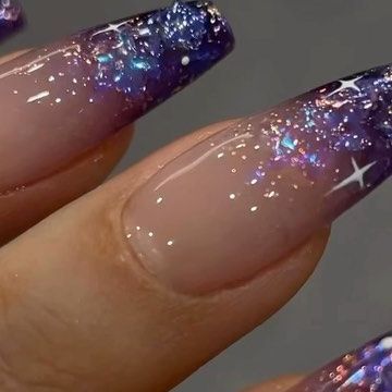 Sweetie Nail Supply on Instagram: "We are obsessed with the latest DVOK December collection! Keep your eyes peeled for another tutorial on how to achieve this dreamy starry night look. Every collection comes with 10 glitter gel polishes and 2 packs of decoration stones as a gift! Selling fast, you don’t want to miss this one of a kind set! 🏃‍♀️💨 HEMA-free, 13-free Shop now at www.sweetienailsupply.com For inquiries please contact us through email at sales@sweetienailsupply.com 👍 #hemafree #nailset #naillook #gelnails #gelnailsdesign #nailinspo #nailinspiration #nailart #nailaddict #nailreel #starrynails #nailtrends #nailsoninstagram #nailvideo" Under The Stars Nail Ideas, Nails Inspiration With Glitter, Taylor Swift Midnights Era Nails, Glitter Stars Nails, Starry Night Prom Nails, Sparkly Purple Nail Designs, Starry Nail Art, Prom Nails Stars, Galaxy French Tip Nails