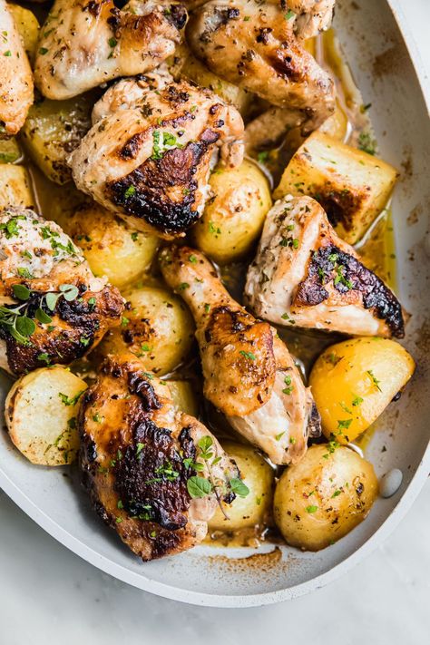 One Pan Greek Chicken and Potatoes Recipe | Little Spice Jar Greek Roasted Chicken, Sweet Baby Rays Bbq Sauce, Oregano Recipes, Greek Chicken And Potatoes, Greek Lemon Potatoes, Salad Appetizer Cups, Chicken Breast Crockpot Recipes, Chicken With Lemon, Crockpot Chicken Breast