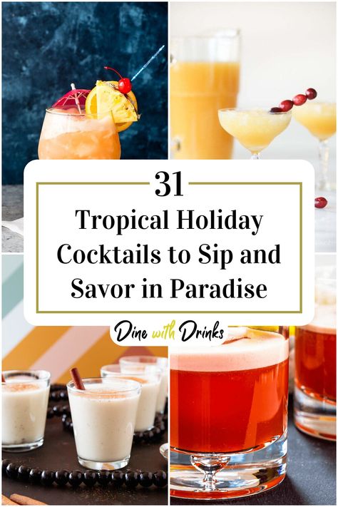 Collage of 4 tropical holiday cocktails. Tropical Christmas Drinks, Tropical Christmas Cocktails, Rainbow Paradise Cocktail Recipe, Tropical Champagne Cocktail, Tropical Signature Cocktail, Paradise Drink, Tropical Holiday, Summer Gathering, Tropical Christmas