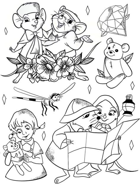 Disney Sketch Tattoo, Disney Flashsheets Tattoo, Disney Tattoo Flash, Disney Flash Tattoo, Disney Sleeve, The Rescuers, Disney Artwork, Disney Colors, Doodle Coloring