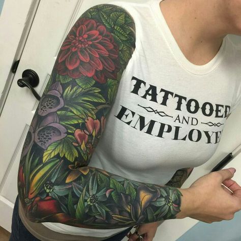 Nature Sleeve by Selina Medina @girlytattoos Jungle Half Sleeve Tattoo, Natural Sleeve Tattoo, Green Sleeve Tattoo, Foliage Tattoo Color, Nature Tattoos Cover Up, Green Tattoo Sleeve, Colourful Sleeve Tattoo, Nature Sleeve Tattoo Color, Colored Tattoo Sleeve