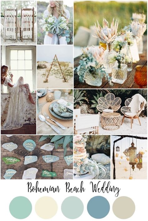 From sea glass to hanging lanterns - the perfect inspiration board for all you boho brides having a destination wedding on the beach! Sea Glass Color Wedding Theme, Sea Glass Bridal Party, Boho Seaglass Wedding, Sea Glass Beach Wedding, Earth Tone Beach Wedding, Boho Beach Wedding Color Palette, Beach Wedding Colors Palette, Beach Wedding Colours, Boho Beach Wedding Color Schemes