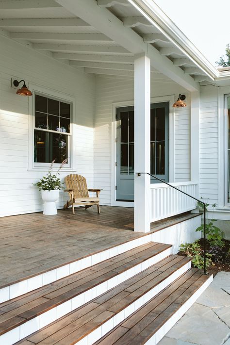 Our Farmhouse Back Porch Reveal – The "1st Summer" Edition! - Emily Henderson Wrap Around Porch Farmhouse, Modern Farmhouse Front Porch, Alley Ideas, Modern Farmhouse Porch, Front Porch Addition, Farmhouse Back Porch, Deck Railing Ideas, Deck Stain, Porch Wood