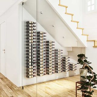 Modern Wine Wall, Cellar Inspiration, Under Stairs Wine Cellar, Modern Wine Storage, Wine Cellar Racks, Basement Kitchenette, Glass Wine Cellar, Wine Rack Design, Wine Closet