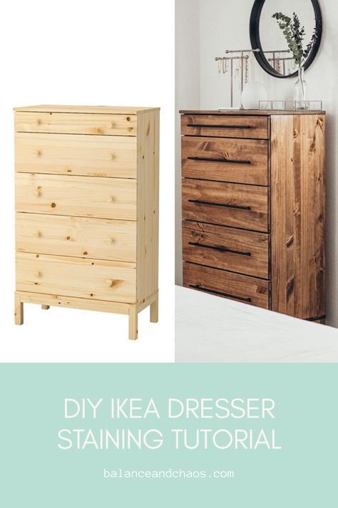 Stain Ikea Furniture, Diy Ikea Dresser, Ikea Dressers, Ikea Bedroom Furniture, Ikea Tarva Dresser, Ikea Wood, Diy Staining, Ikea Dresser, Ikea Hack Ideas