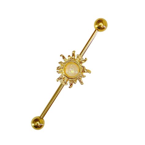 PRICES MAY VARY. 316L Surgical Steel PVD Gold 14G Externally Threaded Sun Opalite Center Charm Industrial Barbell Scaffolding Stud Bar Cartilage Earring Piercing Jewelry 1 1/2 inch 38mm - Sold Individually Specifications: Barbell Thickness: 14 Gauge (1.6mm); Barbell Length: 1 1/2 Inch (38mm); Ball Ends Size: 5mm; Charm Size: 10mm; Charm Design: Sun Opalite Center Material: Made of IMPLANT GRADE 316L Surgical Steel & Opalite; Safe Material, Hypoallergenic, High Polished Surface, Very Smooth to We Industrial Earring, Industrial Bar Piercing, Industrial Piercing Barbells, Industrial Earrings, Industrial Piercing Jewelry, Septum Piercing Jewelry, Earring Piercing, Diamond Nose Ring, Conch Jewelry