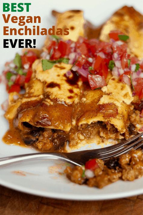 The Best Vegan Enchiladas Ever! made with an easy ‘meaty’ filling, black beans, homemade red enchilada sauce and vegan cheese sauce! Authentic tasting and totally mouthwatering! Vegan Cashew Cheese Sauce, Homemade Red Enchilada Sauce, Chickpea Vegan, Vegan Cashew Cheese, Vegan Enchiladas, Easy Enchiladas, Homemade Enchilada Sauce, Vegan Mexican Recipes, Vegan Cheese Sauce