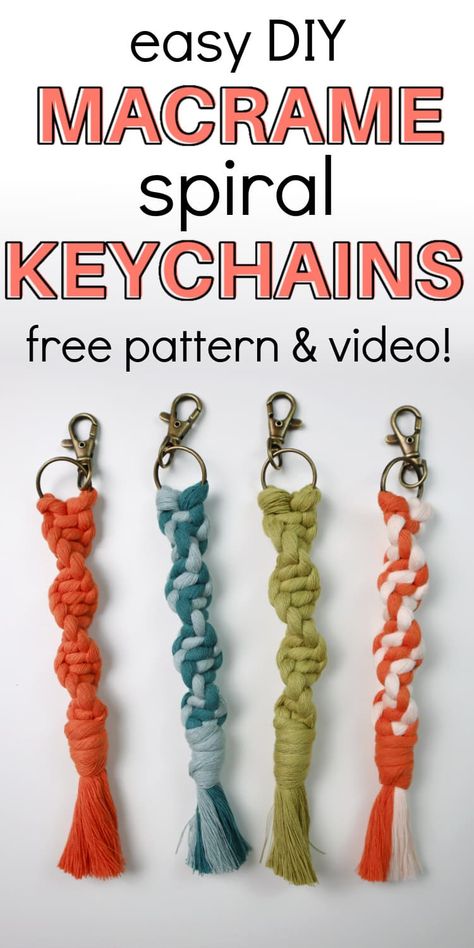 4 spiral macrame keychains laying on a white desk Macrame Keychain Pattern Free, Macrame Keychain Pattern, Animals Talking, Keychain Diy Easy, Small Macrame Projects, Macrame Tutorial Beginner, Punching Needle, Macrame Things, Spiral Macrame