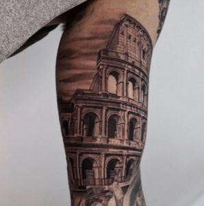 Greek Mythology Buildings Tattoo, Greek Building Tattoo Design, Colosseum Tattoo Sleeve, Roman History Tattoo, Roman Colloseum Tattoo, Greek Colloseum Tattoo, Gladiator Colosseum Tattoo, Roman Theme Tattoo, Rome Tattoo Men Arm