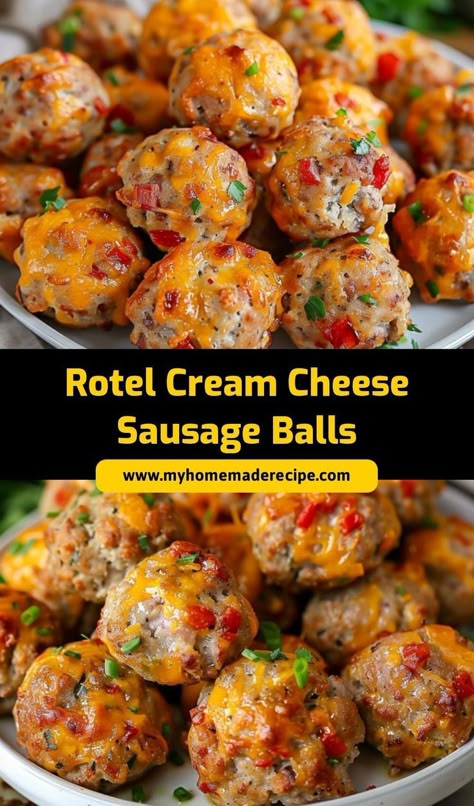 These Rotel Cream Cheese Sausage Balls are a delicious, bite-sized appetizer perfect for any party! Packed with sausage, cream cheese, and a hint of spice, they’re always a hit. Sausage Cream Cheese Rotel Balls, Sausage And Rotel Balls, Sausage Balls With Rotel And Cream Cheese, Rigel Cream Cheese Sausage Balls, Rotel Sausage Balls With Cream Cheese, Rotel Cream Cheese Sausage Balls Red Lobster, Sausage And Cheese Appetizers, Cream Cheese Rotel Sausage Balls, Hotel Cream Cheese Sausage Balls