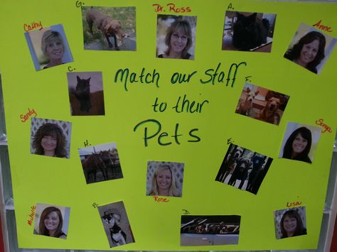 Previous Contest!  Match the staff to their pets!  Patients really enjoyed this one too!  www.peninsulabraces.com Office Contest Ideas For Patients, Office Contests For Patients, Orthodontic Office Contest, Work Contest Ideas, Staff Appreciation Ideas Healthcare, Orthodontic Contests, Staff Bulletin Boards, Morale Ideas, Staff Engagement