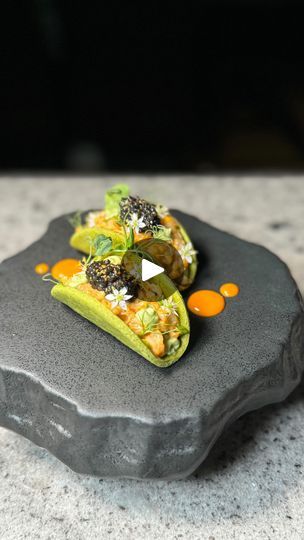 11K views · 861 reactions | Spicy Prawn Pesto Tacos 🌿 🦐 

The most delicious pesto taco, made with chickpea flour, basil and pine nuts, this versatile shell can be filled with anything you desire! 

🌿 Basil Pesto Taco Shell
💚 Avocado Cream
🌿 Chili Prawns 
💚 Oscietra Caviar @belugacaviar_au 🖤
🌿 Garlic Chive Flowers
💚 Togarashi 
 🌶️ Gochujang Lime Sauce 

The spicy shrimp and pesto taco amuse awaiting your satisfaction. 

#spicy #prawn #shrimp #taco #tacos #plating #theartofplating #caviar #seafood #seafoodlover #pesto | The Boujee Foodie | Andrea Vanzo · Les Madeleines Taco Plating, Shrimp And Pesto, Chive Flowers, Shrimp Taco, Spicy Prawns, Taco Shell, Prawn Shrimp, Garlic Chives, Avocado Cream