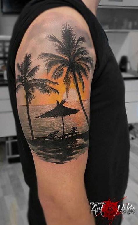 340+ Beach Tattoo Designs (2023) - TattoosBoyGirl Beach Theme Tattoos, Beach Inspired Tattoos, Ocean Sleeve Tattoos, Beach Tattoo Ideas, Beachy Tattoos, Tropical Tattoo, Island Tattoo, Hawaii Tattoos, Sunset Tattoos