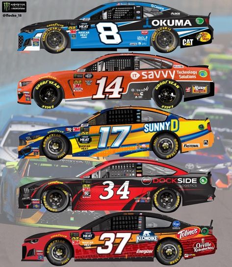 Lewis Flockton 🏁 on Instagram: “Here’s Daniel Hemric’s No.8 Okuma Chevy, Clint Bowyers No.14 Savvy Ford, Ricky Stenhouse Jr’s No.17 SunnyD scheme, Micheal McDowell’s No.34…” Nascar Livery Design, Nascar Cars Design, Ricky Stenhouse Jr, Martin Truex Jr Nascar, Nascar Garage 56, Chase Elliott Nascar, Joe Gibbs Racing, No 8, Nascar