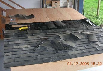 Tire shingles - Appropedia: The sustainability wiki Residential Building Entrance, Green Architecture Concept, Recycled Tyres, Slate Shingles, Tire Chairs, Reuse Old Tires, Earthship Home, Building Entrance, Residential Building Design