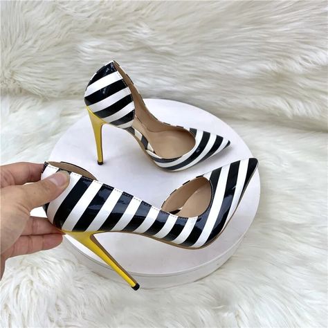 VCshoes Black White Stripe Pointed Toe 8cm 10cm 12cm High Heels Plus Size Women Pumps QP025 12cm-4 Black Pumps Heels, Point Shoes, Pu Heels, Pointed Toe Shoes, High Heel Pumps, Black Pumps, Women's Pumps, Pumps Heels, Shoes Women Heels