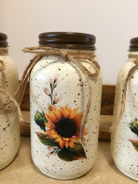 Mason Jar Utensil Holderssunflower Kitchen Decormothers Day - Etsy UK Mason Jar Utensil Holder, Mason Jar Kitchen Decor, Crafts With Glass Jars, Decoupage Jars, Mason Jar Kitchen, Sunflower Kitchen Decor, Sunflower Crafts, Utensil Holders, Wood Art Diy