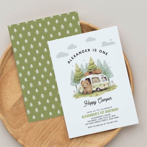 One Happy Camper First Birthday Invitation First Birthday Camping Theme, Camper Birthday Party, One Happy Camper First Birthday, Happy Camper Birthday Party, Cute Brown Bear, One Happy Camper, Camping Birthday Party, Activities For Boys, First Birthday Party Themes