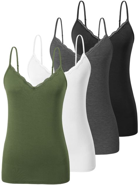 PRICES MAY VARY. ★ Womens Camisole Material: Our womens lace camisole, which made of 95% modal and 5% spandex, provides great comfort for all day as the super soft touches against skin. ★ Lace Trim Camis:Camisole for women with lace trim on the neckline, sexy and fashion, lace V-neck tank tops design and slim-fit make your attractive and charming. ★ Adjustable Spaghetti Strap Camisole: These lace cami come in many colors. It's not easy finding a tank top with adjustable straps that is both comfo