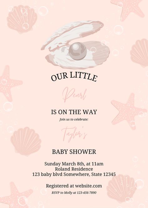 Modifiable Invitation, Welcome Sign, and Thank You. A Little Pearl Is On The Way, Tropical Birthday Invitations, Cake Bday, Pearl Baby Shower, Package Template, Ocean Baby Showers, Classy Baby Shower, Sweet Baby Names, Baby Shower Theme Decorations