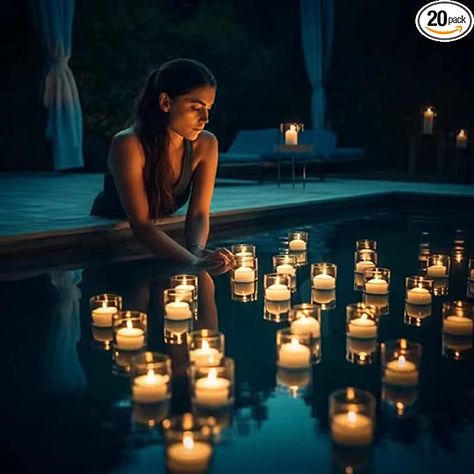 Hot Tub Candles, Floating Tea Lights Wedding, Pool Decor For Wedding Receptions, Pool With Candles, Romantic Pool Decor, Floating Candles In Pool Wedding, Pool Lights Wedding, Pool Wedding Decorations Floating Lights, Floating Candles Pool Wedding