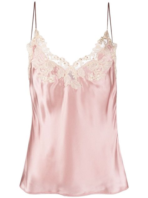 lace-trim silk camisole from LA PERLA featuring pink, cream, silk, floral embroidery, lace trim, adjustable spaghetti straps, V-neck, V-back and straight hem. Victoria Secret Slip Dress, Satin Chemise, Black Corset Top, Lace Slip Dress, Silk Camisole, Silk Slip Dress, Lace Slip, Silk Slip, Leather And Lace