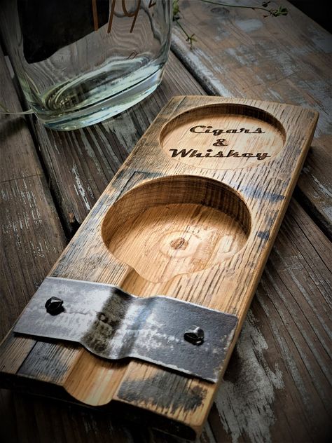 Cigars Gift Ideas, Whiskey Accessories Gifts, Whisky Stave Ideas, Cigars Accessories, Wood Ashtray Cigars, Wine Barrel Decor, Wine Barrel Crafts, Whiskey Barrel Furniture, Bourbon Gifts