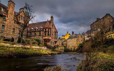 Edinburgh, Dean Village, river, autumn, Edinburgh cityscape, old buildings, Scotland, Great Britain Village River, Scotland Wallpaper, Dean Village Edinburgh, Edinburgh Photography, Scotland Aesthetic, Map Of Great Britain, Wallpapers Laptop, Edinburgh University, England Aesthetic