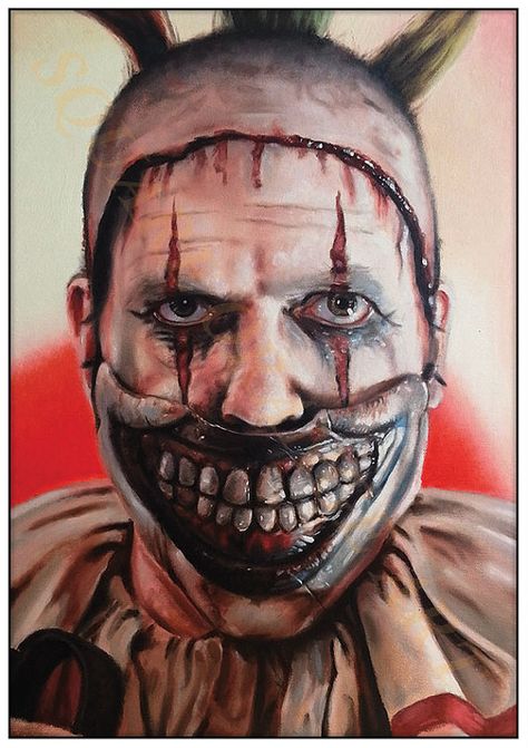 Twisty is a fabulous character and this painting was a joy to do. I love the way the jaw pops The print is professionally printed on A4 size 350gsm white card stock and will be sent in a card backed envelope Paper size is A4 or 21.0 x 29.7cm or 8.27 x 11.69 inches If you would like Horror Portrait Tattoo, American Horror Story Clown, Horror Painting Ideas, Scary Icons, Creepy Portraits, Scary Pics, Horror Painting, Famous Clowns, Salvation Tattoo