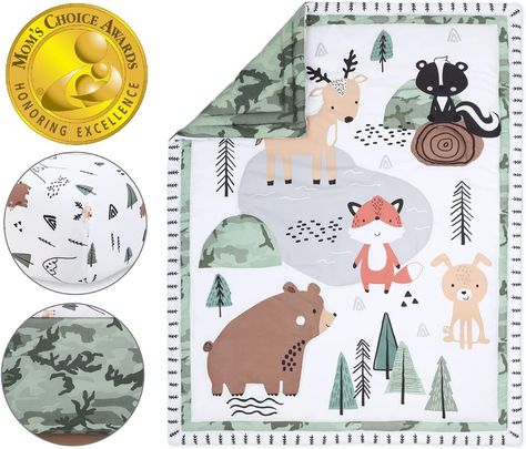 Amazon.com: The Peanutshell Woodland Camo Crib Bedding Set for Baby Boys - 3 Piece Nursery Bed - Comforter, Fitted Sheet, Skirt : Baby River In The Forest, Nursery Bed, Floral Crib Bedding, Friendly Fox, Crib Comforter, Baby Crib Bedding Sets, Woodland Animal Prints, Crib Skirt, Toddler Mattress