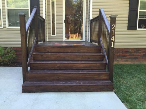 Dark Stained Front Porch, Dark Porch Ideas, Brown Porch Ideas, Stained Porch Ideas, Dark Stained Porch, Stained Front Porch, Front Stoop Ideas, Stained Porch, Painted Wood Stairs