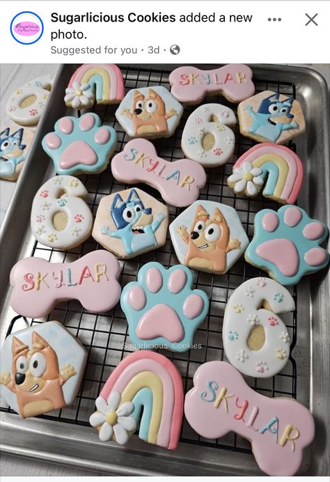 Bluey Sugar Cookies Ideas, Bluey Royal Icing Cookie, Bluey Birthday Cookies For Girl, Bluey Cookies For Girl, Bluey 2nd Birthday Cookies, Bluey Cookies Decorated, Bluey Sugar Cookies Girl, First Birthday Girl Bluey Theme, Bluey Cartoon Decorated Cookies