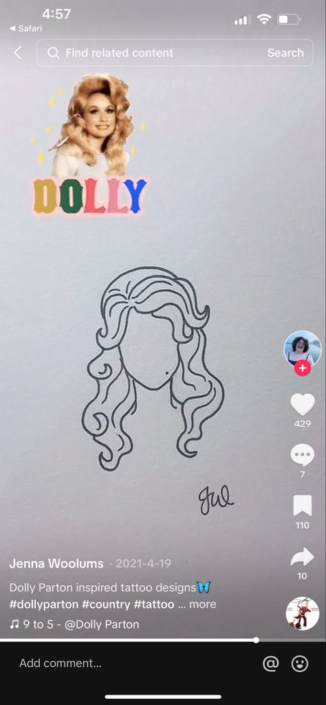 Dolly Tattoo Design, Dolly Parton Tattoo Outline, Dolly Parton Drawing Easy, Dolly Parton Inspired Tattoo, Dolly Parton Tattoo Ideas, Dolly Parton Drawing, Dolly Tattoo, Dolly Parton Tattoos, Grande Tattoo