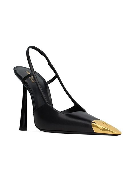 Find SAINT LAURENT Jeanne Slingback Pumps In Smooth Leather on Editorialist. Slingback pumps with a square pointed metal cap toe decorated with a Cassandre martele, featuring a square-cut vamp and stiletto heels. Leather sole Elasticized slingback strap Total heel height: 11 cm / 4.3 inches Cassandre in gold-tone metal Made in Italy. Saint Laurent. Color: Black And Gold. Size: 5.5. Gold Shoes, Square Cut, Slingback Pump, Black Pumps, Old Money, Gold Tone Metal, Women's Pumps, Black And Gold, Smooth Leather