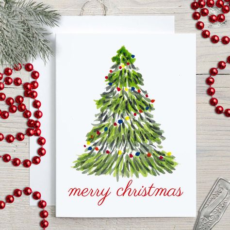 Merry Christmas Tree Watercolor Holiday Greeting Card – Maddie B Designs Hand Painted Note Cards, Hand Painted Watercolor Christmas Cards, Hand Painted Holiday Cards, Draw A Christmas Tree Easy, Christmas Tree With Colorful Lights, Watercolor Christmas Cards Tutorial, Christmas Card Design Ideas, Easy Watercolor Christmas Cards, Painted Christmas Trees