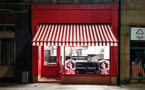 Recessed Victorian Awnings are quite rare today but the Victorian awning we have just installed at a traditional Butcher in Accrington is just that. Manufactured in our London workshop to the dimensions of the existing, original, recess; this Traditional Victorian Awning has been installed exactly as it would have been over one hundred years ago. www.victorianawnings.co.uk/beautiful-victorian-awnings-in-butchers-traditional-red-white-stripe #shopfront #awning #traditional #manufacturer Red And White Awning, Shop Awning, Pizza Logo, Fast Casual, Shop Front, White Windows, Store Signs, Window Shades, Red And White Stripes