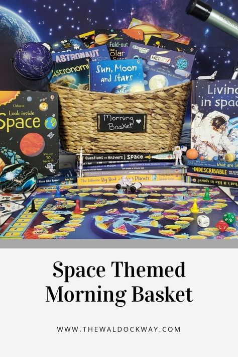 Space Themed Morning Basket https://www.thewaldockway.com/2019/07/29/august-morning-basket-second-grade/ Waldock Way, Theme Baskets, Relaxed Homeschooling, Morning Basket, Homeschool Preschool Curriculum, Space Unit, Homeschool Geography, Montessori Toddler Activities, Playdough Kits