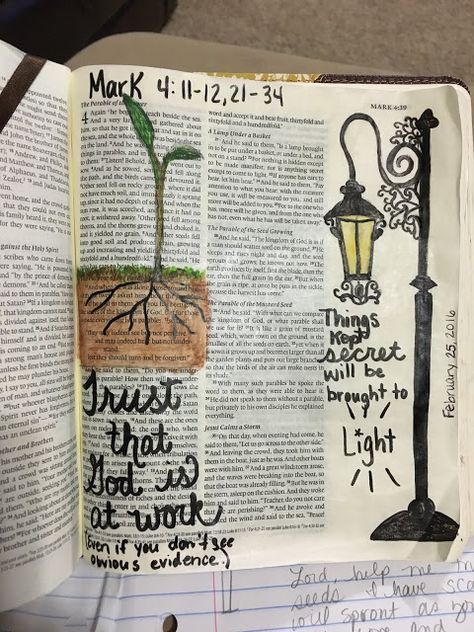 Mark 4:11-12 and 21-34 Bible Journaling Bible Journaling Mark, Mark Bible, Scripture Art Journaling, Gospel Of Mark, Bible Drawing, Bible Journaling Ideas Drawings, Bible Journal Notes, Bible Doodling, Mark 4