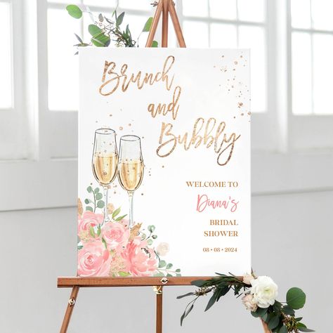 Blush Brunch and Bubbly Bridal Shower Welcome Sign Template - Printable Champagne Party Decor, Editable Pink Floral Welcome Poster, SUGAR Champagne Pink Party Decorations, Bridal Shower Brunch Signs, Brunch Bridal Shower Ideas Decorations Pink And Gold, Bubbly Themed Bridal Shower Ideas, Brunch And Bubbly Decor, Bubbles And Brunch Bridal, Pink And Gold Bridal Shower Decorations, Champagne Bridal Shower Ideas, Bridal Shower Bubbly Theme