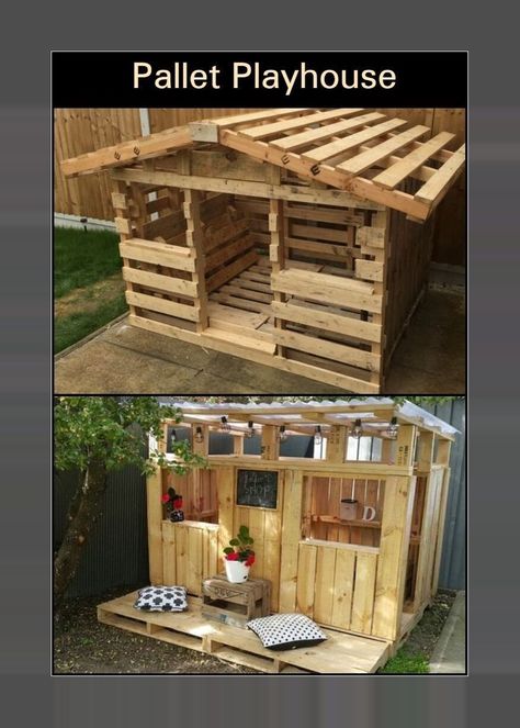 Pallet Kids Playhouse, Garden Ideas With Plastic Bottles, Garden Ideas Uk, Pallet Kids, Pallet Playhouse, Build A Playhouse, Reclaimed Pallets, Recycled Pallets, Kids Playhouse