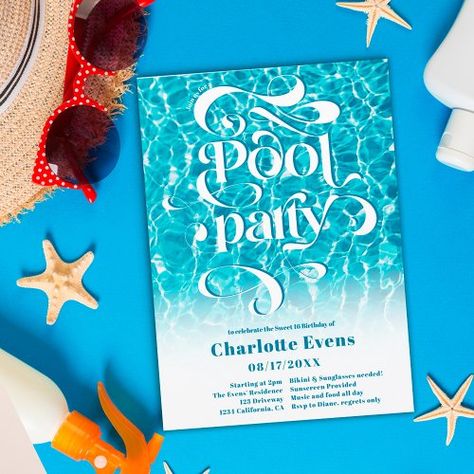 $1.90 | Cool water pool party script swirls teal Sweet 16 #fun pool paty, cool and trendy summer party, sweet 16 birthday celebration, cute pink sunglasses, modern script brush signature, tropical beach swimming theme, sweet sixteen invite, retro calligraphy, modern original script, pool water photo Teal Sweet 16, Sweet 16 Summer, Retro Calligraphy, Summer Birthday Invitations, Pink Sweet 16, 80th Birthday Invitations, Summer Party Invitations, 16th Birthday Invitations, Water Background