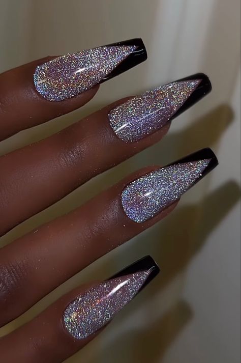 Black And Glitter Acrylic Nails, Black Sparkly Acrylic Nails, Black Sparkle Nails Acrylic, Vegas Nails Ideas Sparkle, Black And Silver Nails Ideas, Black And Silver Glitter Nails, Black And Silver Nail Designs, Black Wedding Nails, Black Sparkle Nails