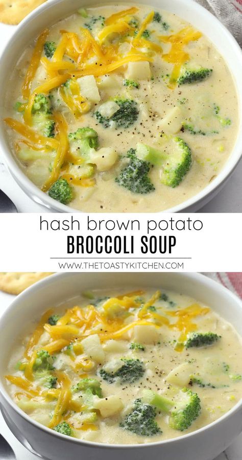 Hash brown potato broccoli soup recipe by The Toasty Kitchen. Hash brown potato broccoli soup is a hearty one-pot recipe that's ready in less than 30 minutes. Frozen hash browns make this creamy soup a breeze to whip up on a busy weeknight! #soup #broccolipotatosoup #hashbrownpotatosoup #hashbrowns #frozenhashbrowns #broccolisoup #recipe #dinner #winter #heartysoup Broccoli Soup With Chicken, Potato Broccoli Soup, Hash Brown Potato Soup, Weeknight Soup, Dinner Winter, Broccoli And Cheese Soup, Frozen Hash Browns, Broccoli Potato Soup, Broccoli Potato