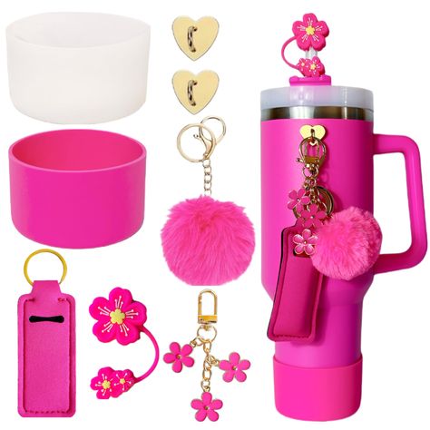 PRICES MAY VARY. Accessories for Stanley Cup 40OZ Passion Pink:2 High quality silicone cup boot cover for Stanley 40Oz Tumbler with handle or for Gym Sports Water Bottle with 7.5cm diameter. Cute Water Bottle Charms:Put the heart hook to your water bottle and you can decorate your bottle with our lipstick bag and pompom ball,and charms or DIY with your keychains.Your water bottle will definitely be the most special one in the crowd. Silicone Boot Cover for Stanley 40oz Cup Fuchsia:Made from high Passion Pink Stanley, Stanley Cup Toppers, Pink Mini Fridge, Stanley 40oz Tumbler, Stanley Accessories, Cute Water Bottle, Keychain Charms, Straw Cover, Mini Doll House