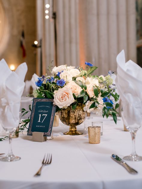 Blue White And Gold Centerpieces, White And Blue Garden, Classic Blue Wedding, Parisian Blue, Blue Wedding Centerpieces, Blue Wedding Decorations, Mercury Glass Vase, Blue Centerpieces, Company Anniversary