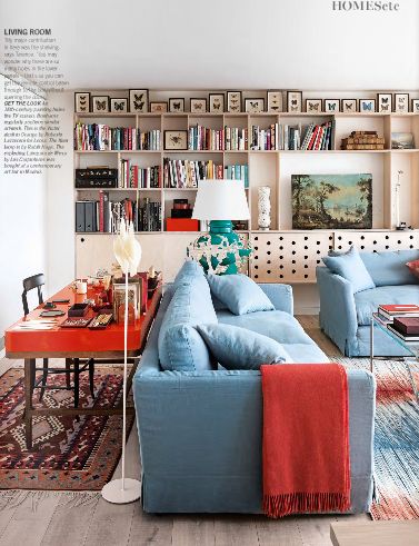 Desk behind sofa - Terence Conran apartment Cool Home Office, Bold Living Room, Blue Furniture, Colourful Living Room, A Living Room, Cheap Home Decor, Living Room Inspiration, Apartment Living, Country Living