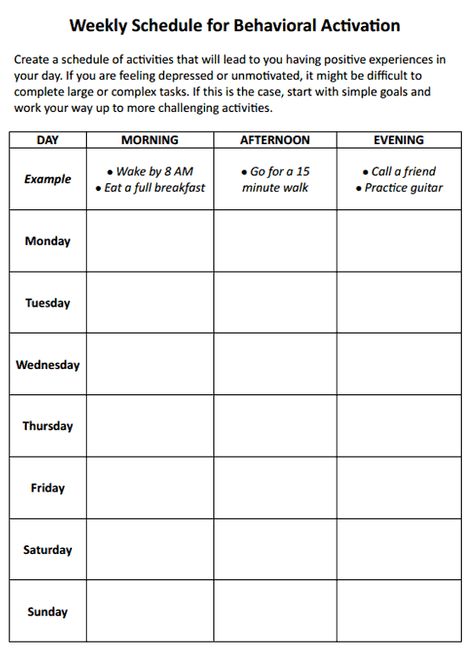 Weekly Schedule for Behavioral Activation (Worksheet) | Therapist Aid Behavioral Activation, Cbt Therapy Worksheets, Activity Schedule, Cbt Activities, Cbt Worksheets, Counseling Worksheets, Cbt Therapy, Recreation Therapy, Cognitive Therapy