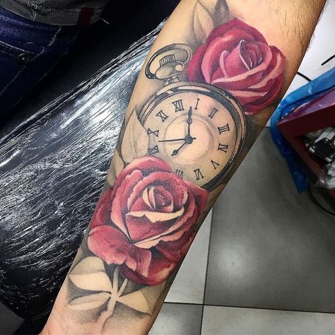 June Tattoo, Partner Tattoo, Pocket Watch Tattoo Design, Clock And Rose Tattoo, Watch Tattoo Design, Pocket Watch Tattoos, Pink Rose Tattoos, Arm Tats, Rose Tattoos For Women