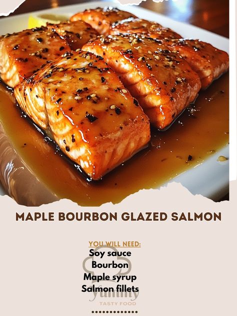 🥃🐟 Elevate your dinner with Maple Bourbon Glazed Salmon! A flavorful dish that’s both healthy and delicious! #SalmonRecipe Maple Bourbon Glazed Salmon Ingredients: Salmon fillets (4, skinless) Maple syrup (1/2 cup) Bourbon (1/4 cup) Soy sauce (2 tbsp) Garlic (2 cloves, minced) Olive oil (1 tbsp) Black pepper (1/2 tsp) Instructions: In a bowl, whisk together maple syrup, bourbon, soy sauce, garlic, and black pepper. Marinate salmon fillets in the mixture for at least 30 minutes. Preheat ov... Maple Bourbon Salmon, Bourbon Bacon Pecan Salmon, Bourbon Salmon Recipes, Maple Soy Salmon, Marinate Salmon, Bourbon Salmon, Bourbon Glazed Salmon, Bourbon Maple Syrup, Soy Sauce Garlic